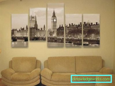 Modulare picturi în interiorul camerei de zi peste canapea - idei de fotografie